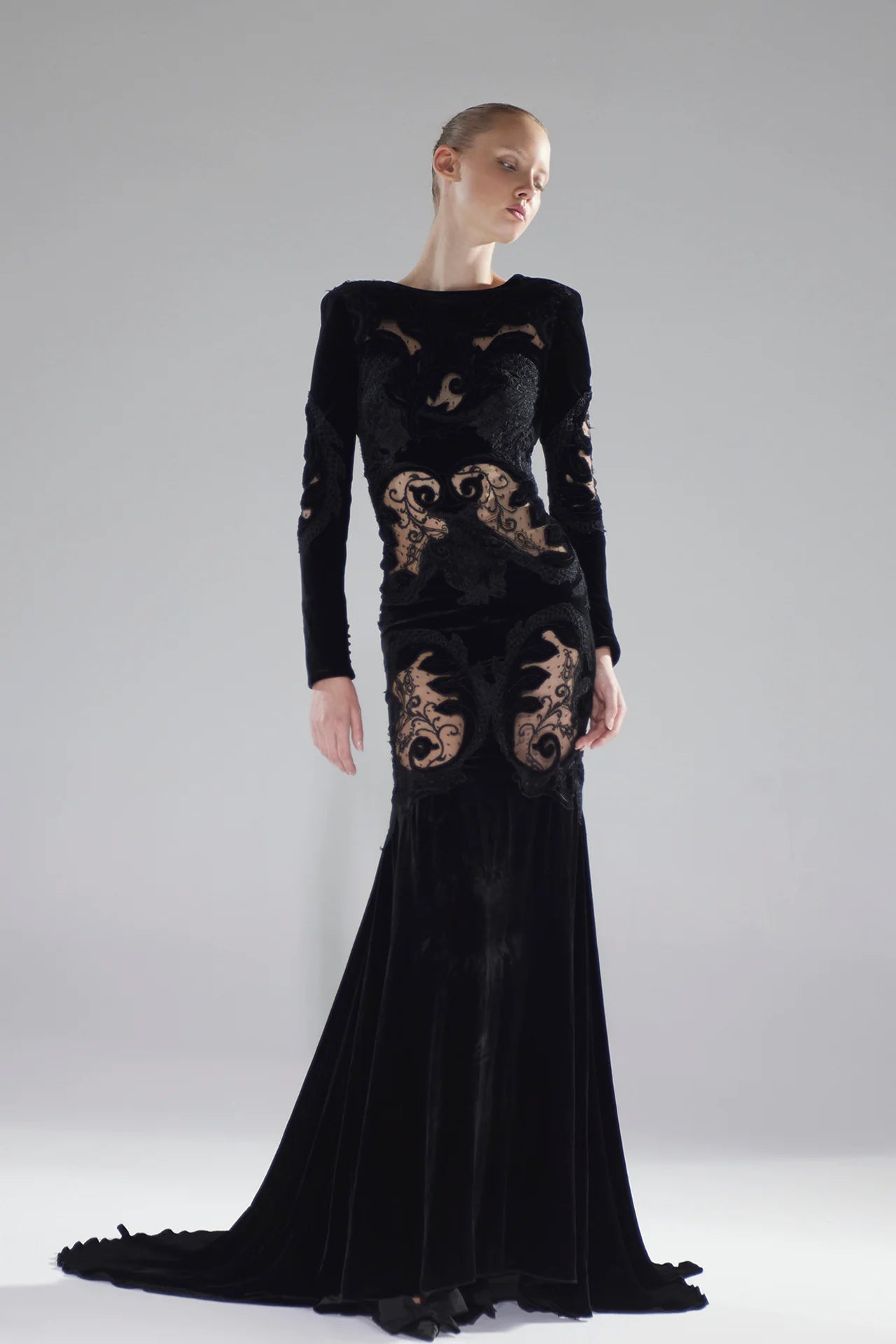 Long Sleeve Embroidered Velvet Gown