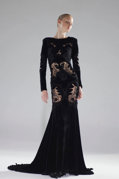 Long Sleeve Embroidered Velvet Gown