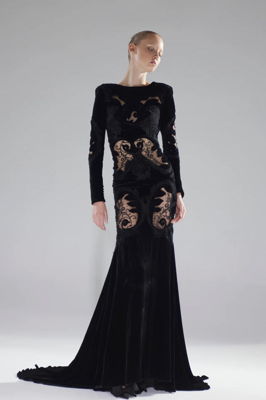 Long Sleeve Embroidered Velvet Gown