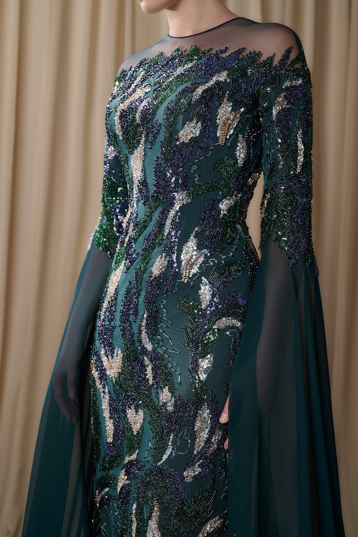Beaded Swirl Illusion Gown