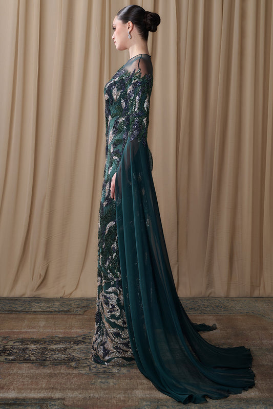 Beaded Swirl Illusion Gown