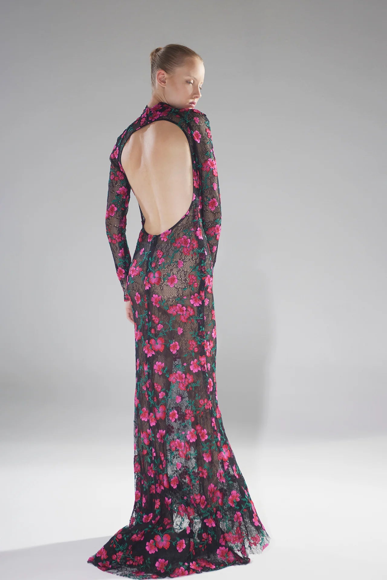 Long Sleeve Floral Lace Gown