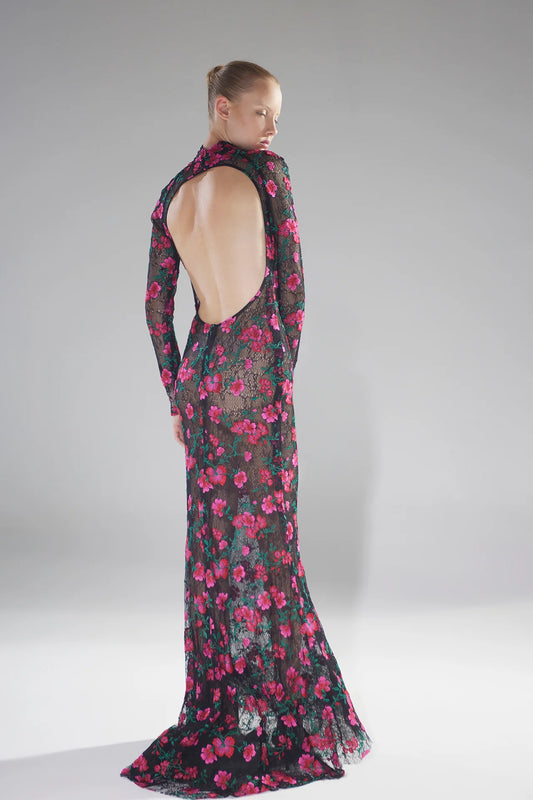 Long Sleeve Floral Lace Gown