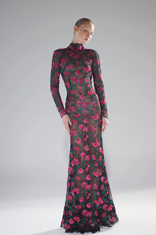 Long Sleeve Floral Lace Gown