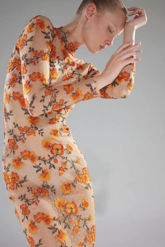 Sheer Lace Floral Motif Gown