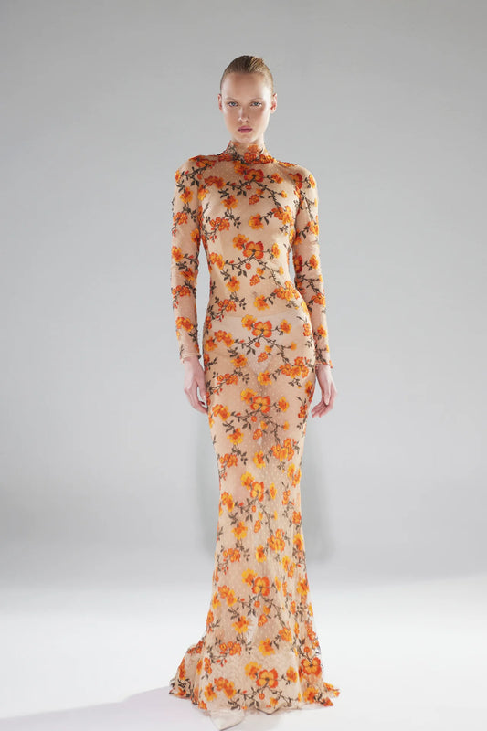 Sheer Lace Floral Motif Gown