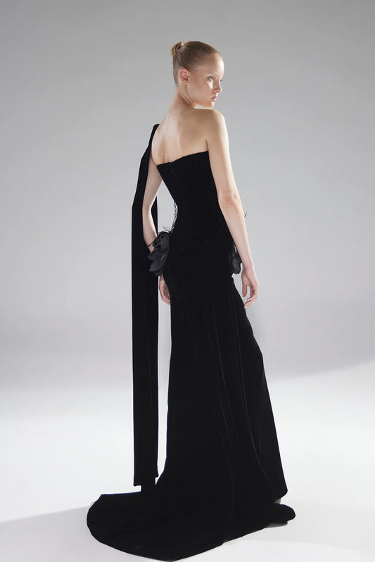 One-Shoulder Asymmetrical Velvet Gown