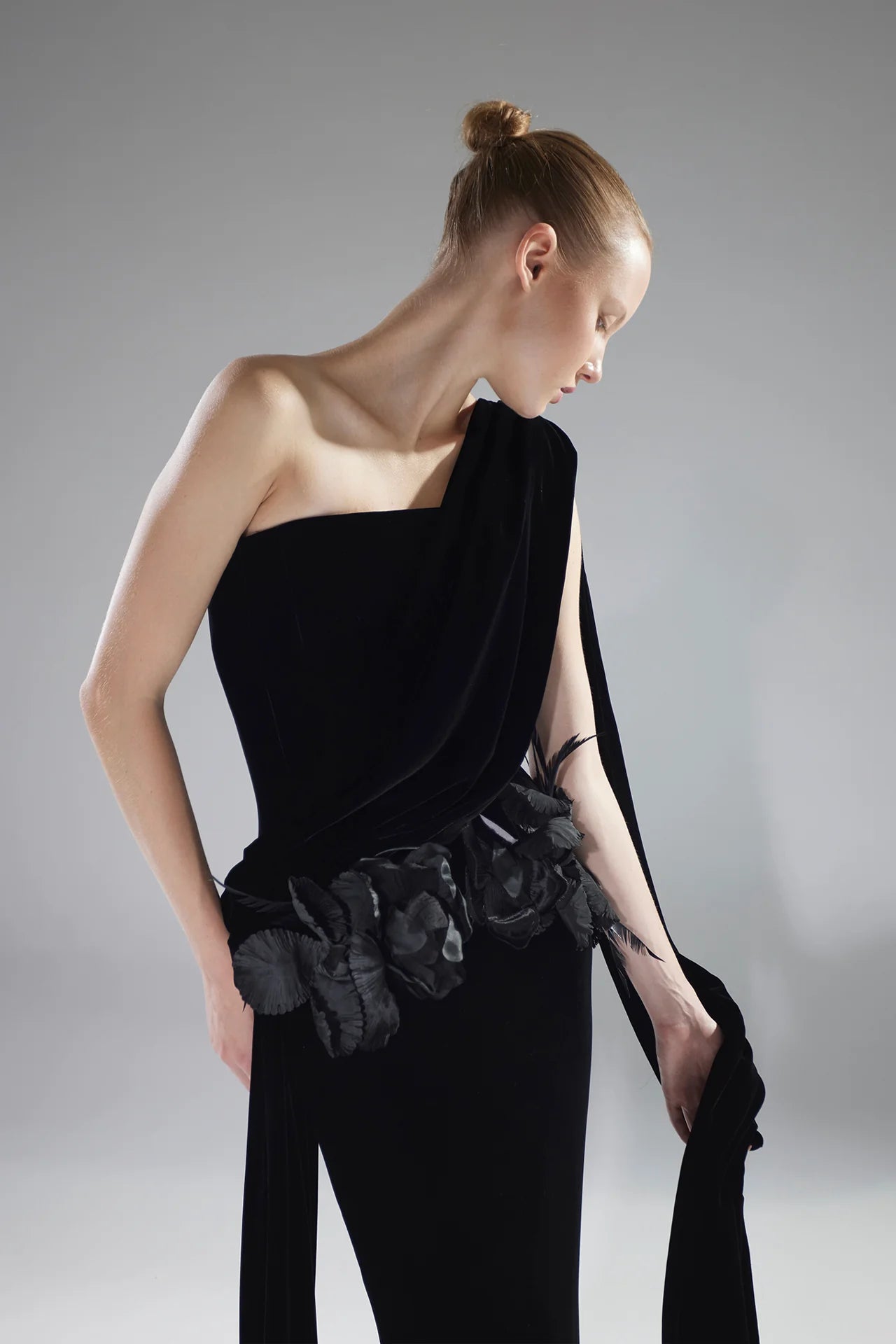 One-Shoulder Asymmetrical Velvet Gown