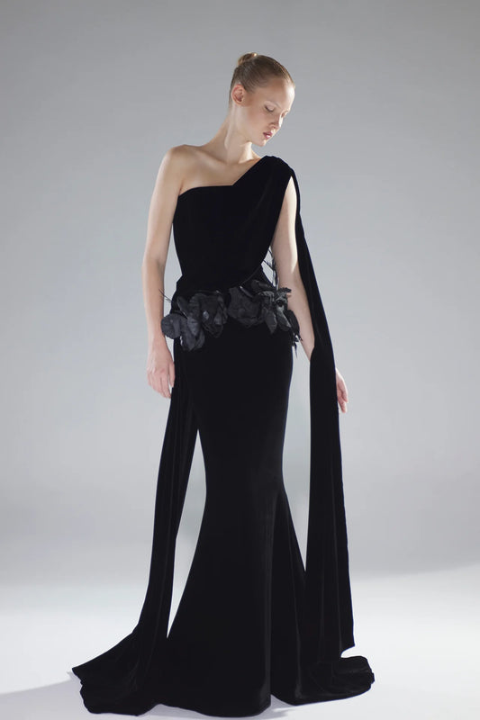 One-Shoulder Asymmetrical Velvet Gown