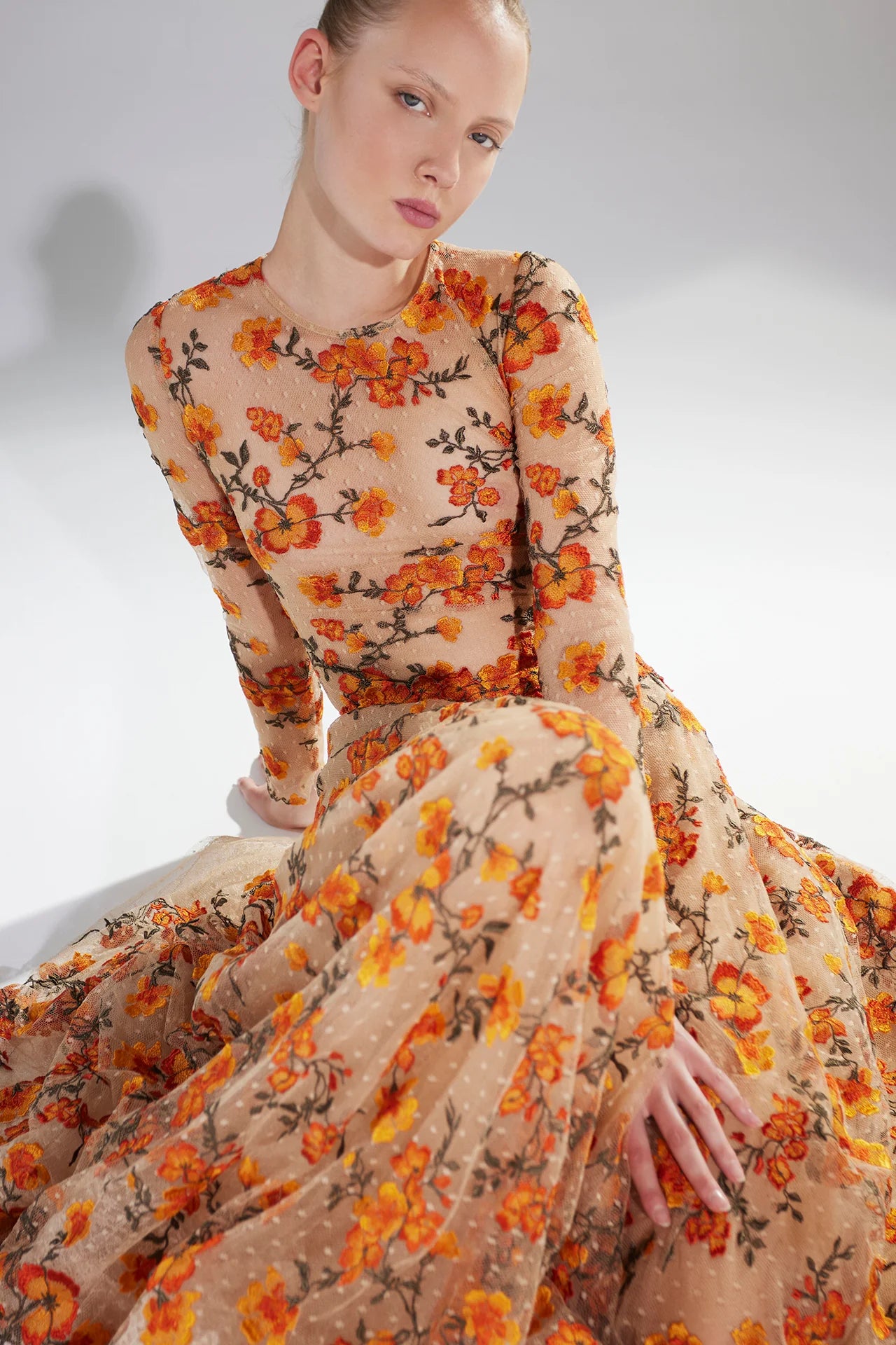 Long Sleeve Floral Motif A-Line Gown