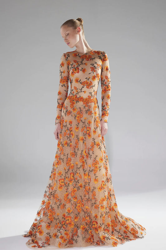 Long Sleeve Floral Motif A-Line Gown