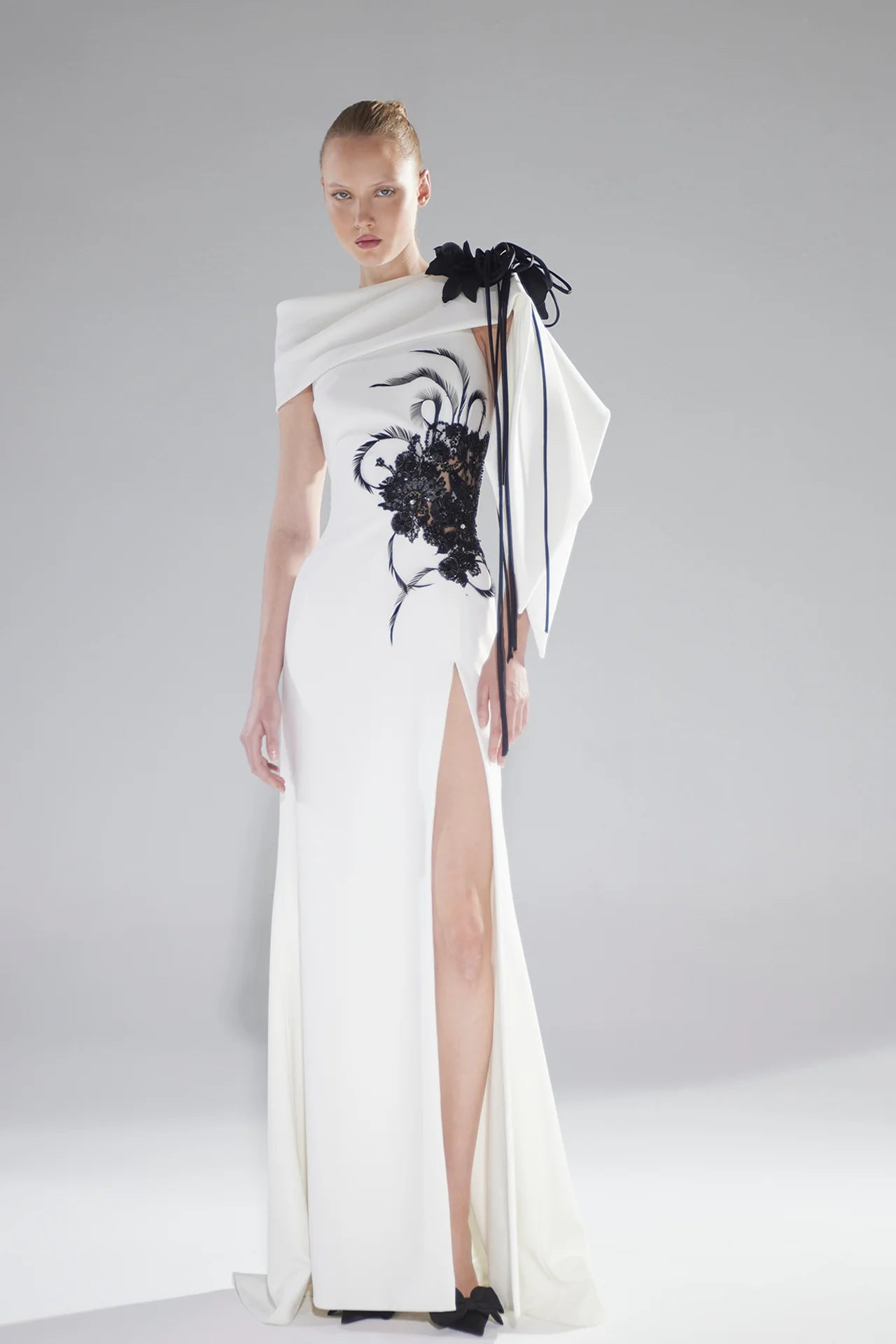 Feather Appliqué Column Gown