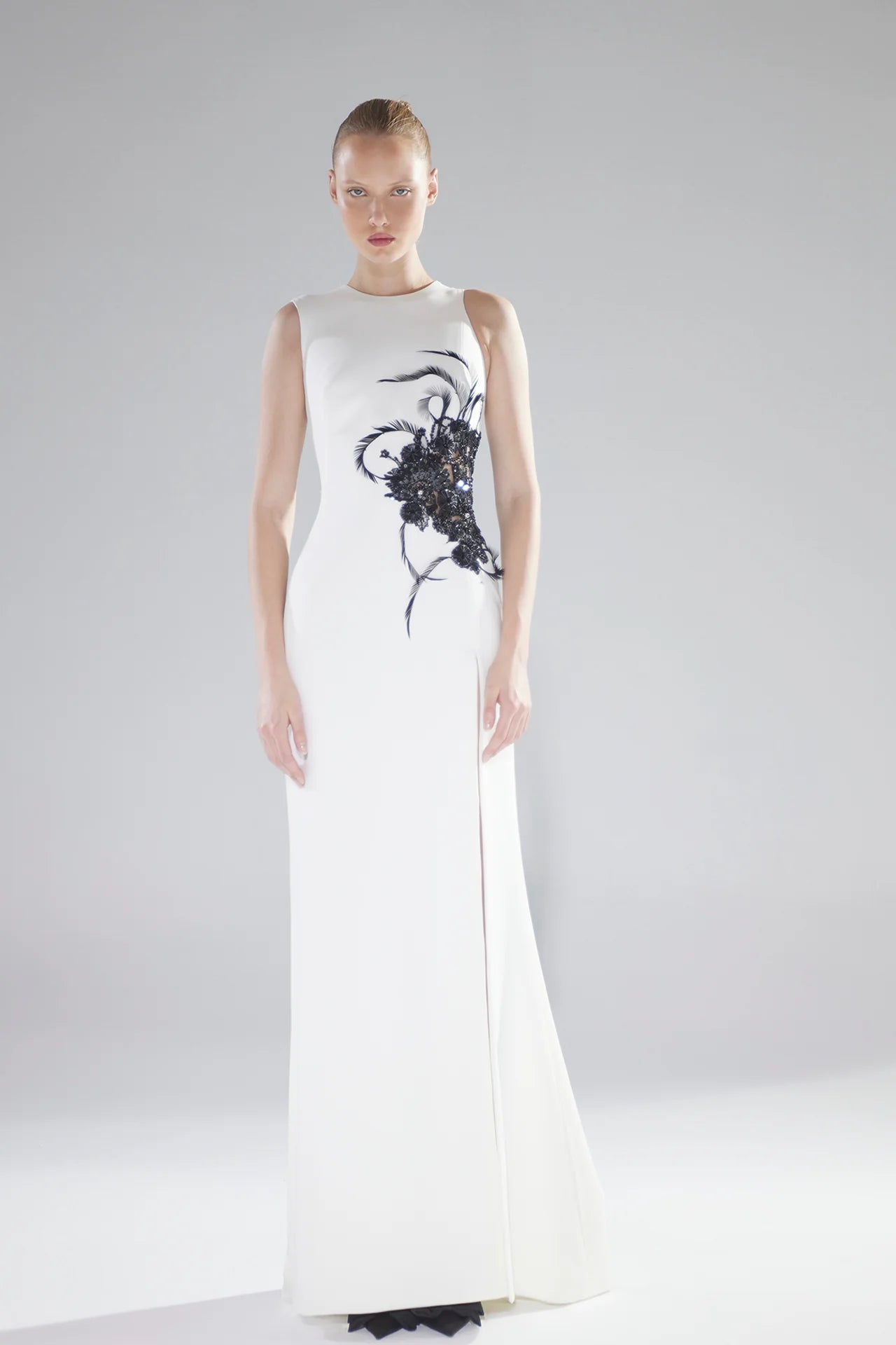 Feather Appliqué Column Gown