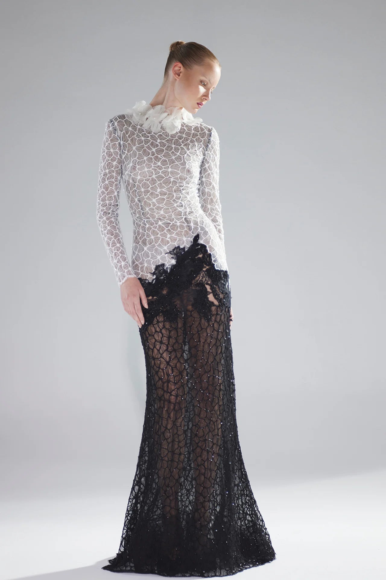 Long Sleeve Two-Tone Lace Gown