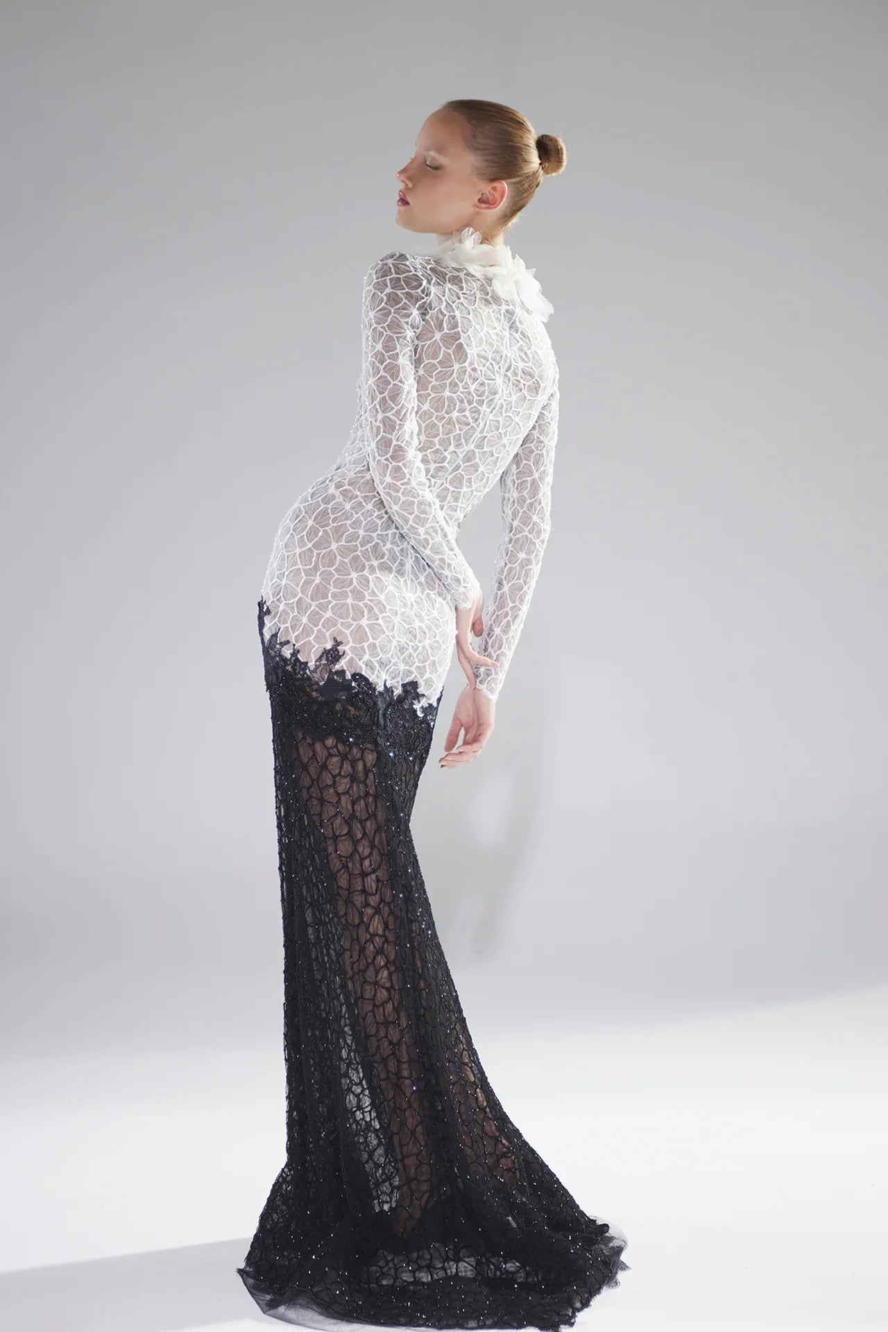 Long Sleeve Two-Tone Lace Gown