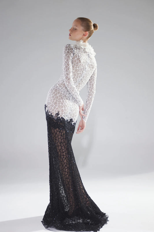 Long Sleeve Two-Tone Lace Gown