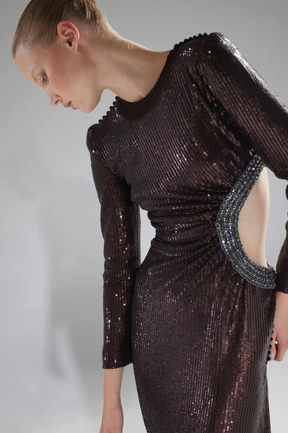 Long Sleeve Sequin Cut-Out Gown