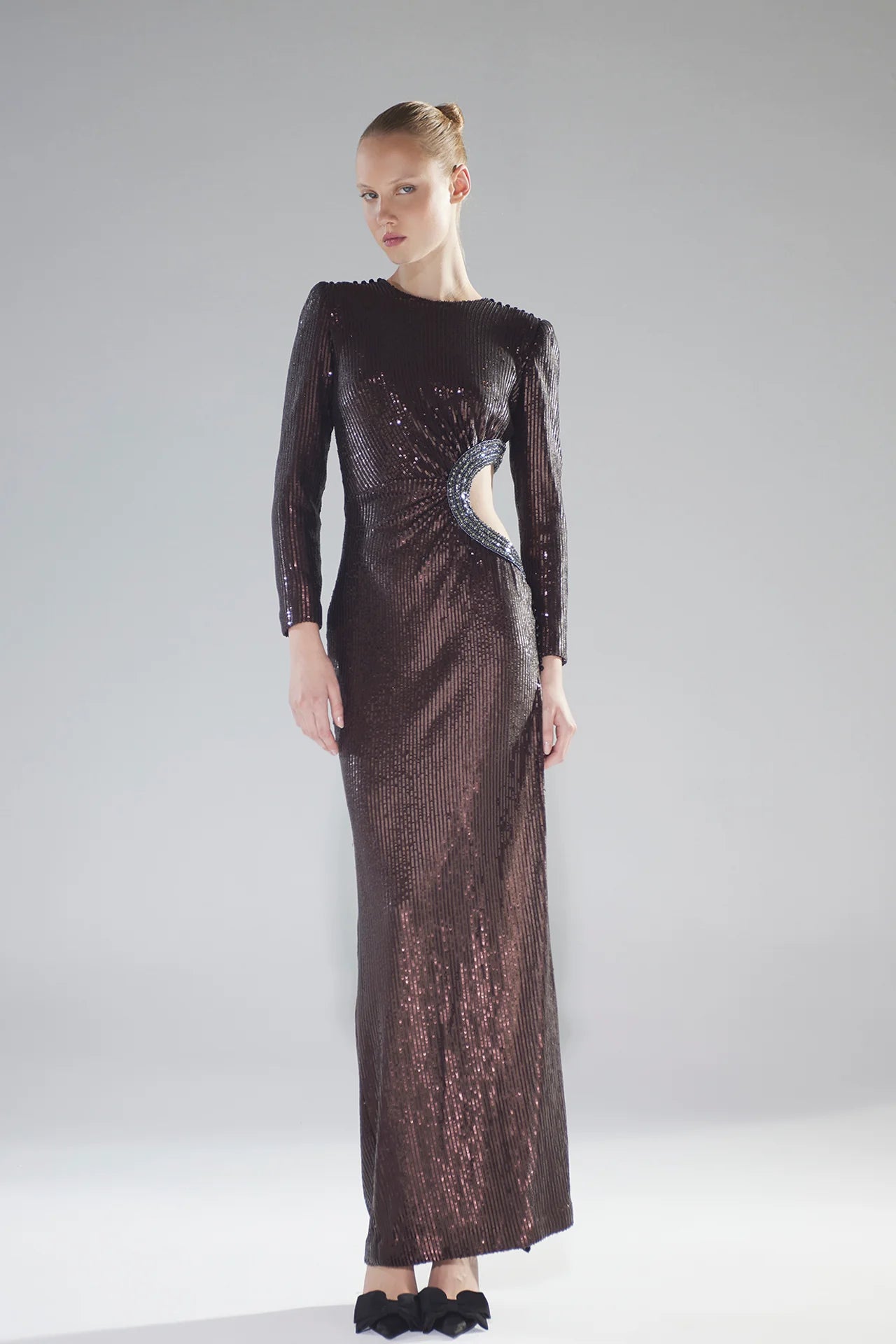 Long Sleeve Sequin Cut-Out Gown