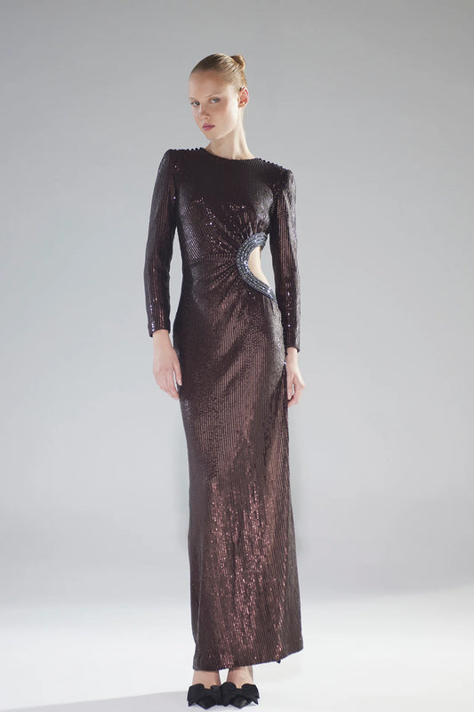 Long Sleeve Sequin Cut-Out Gown