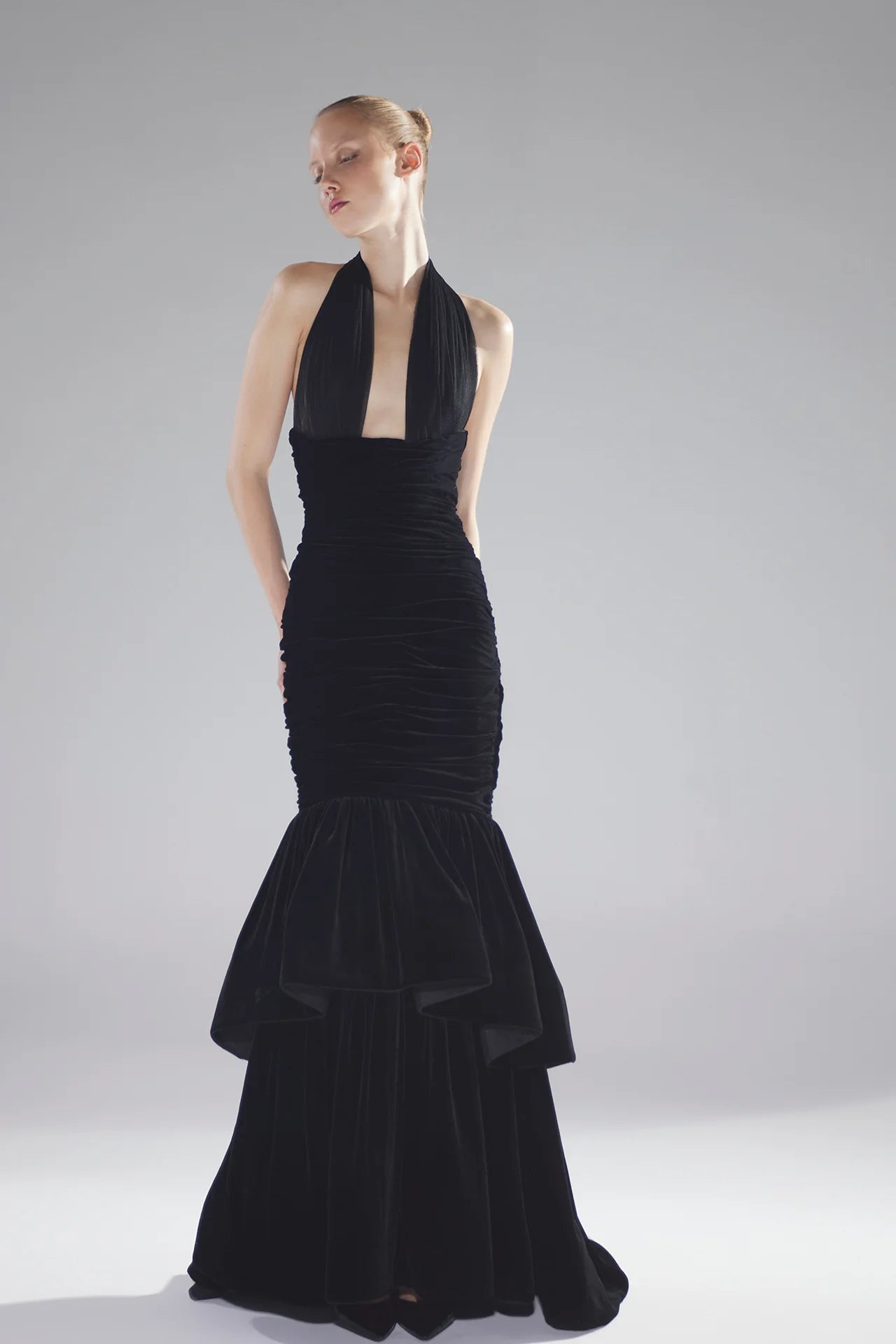 Plunging Halter-Neck Mermaid Gown