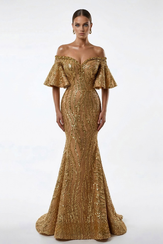 Fully Beaded Off-Shoulder Mermaid Gown