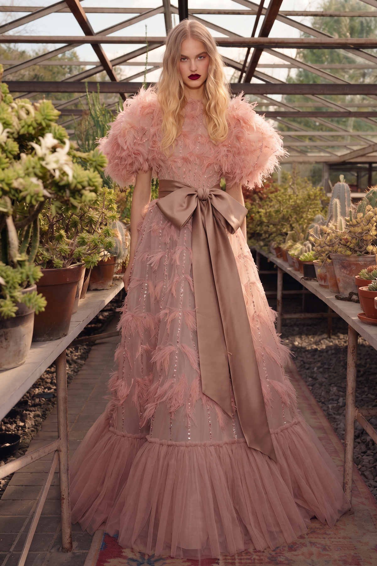 Feathered Puff Sleeve A-Line Gown