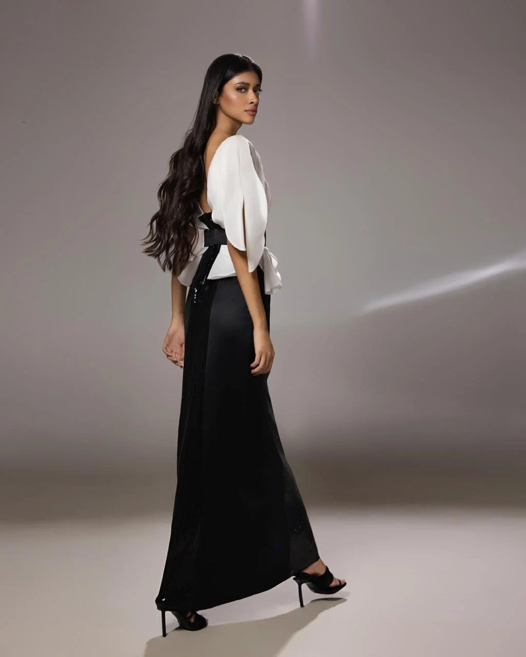 Black and White Beaded Column Gown