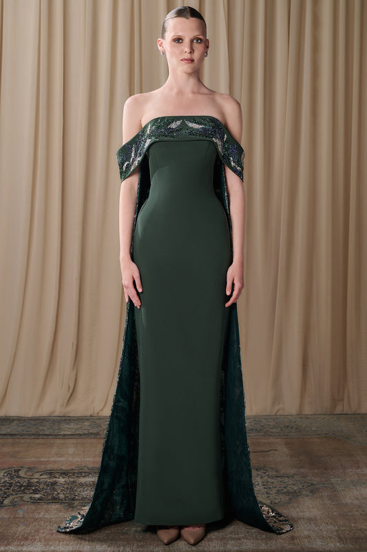 Off-Shoulder Crepe Cape-Back Gown