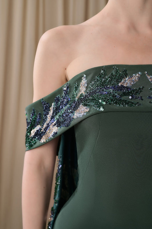 Off-Shoulder Crepe Cape-Back Gown