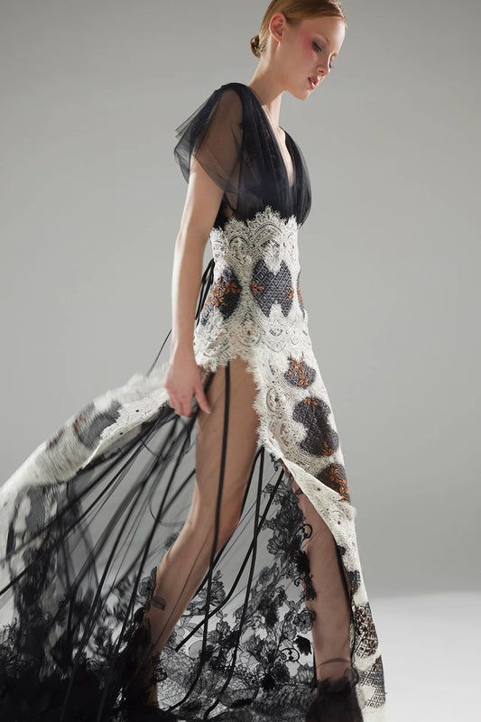 Bicolor Lace and Tulle V-Neck Gown