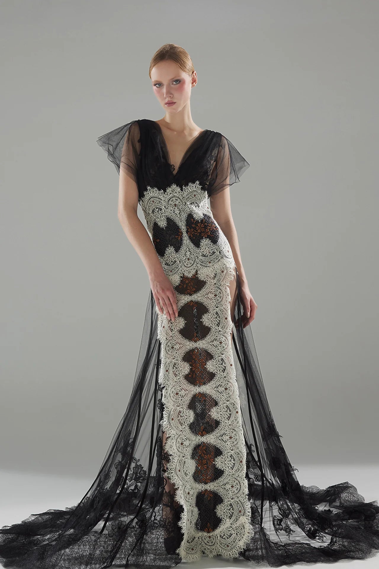 Bicolor Lace and Tulle V-Neck Gown