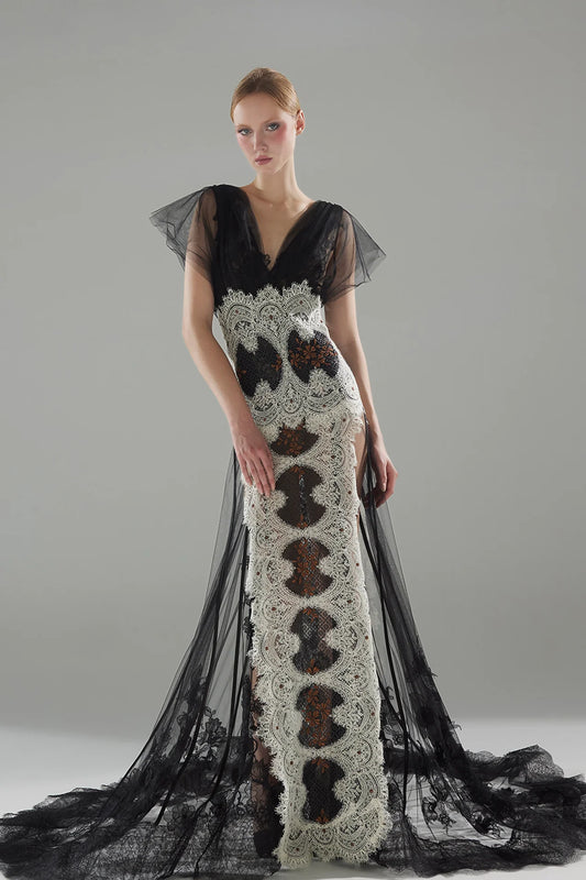 Bicolor Lace and Tulle V-Neck Gown