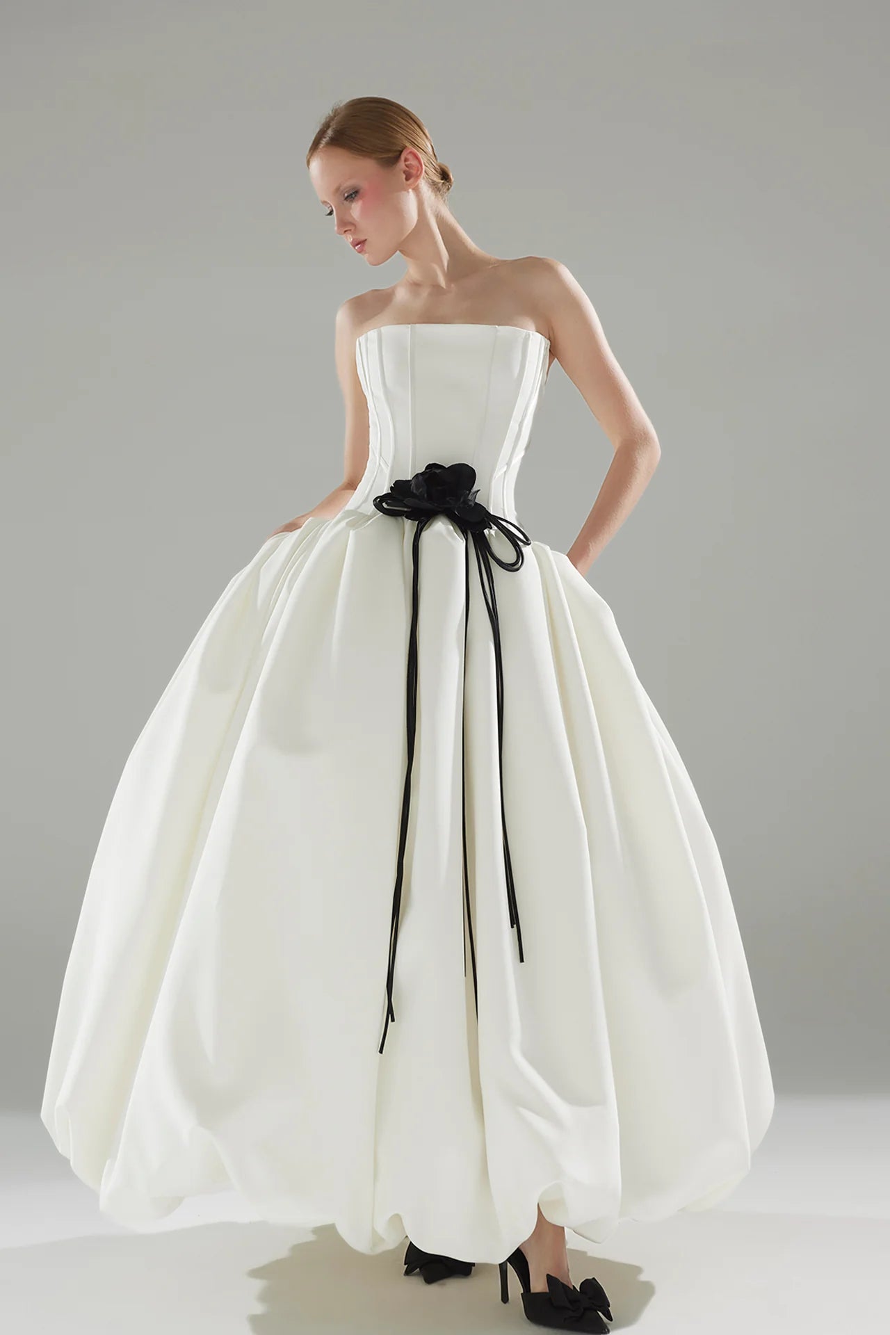 Strapless Bubble Gown with Floral Hood Accessory