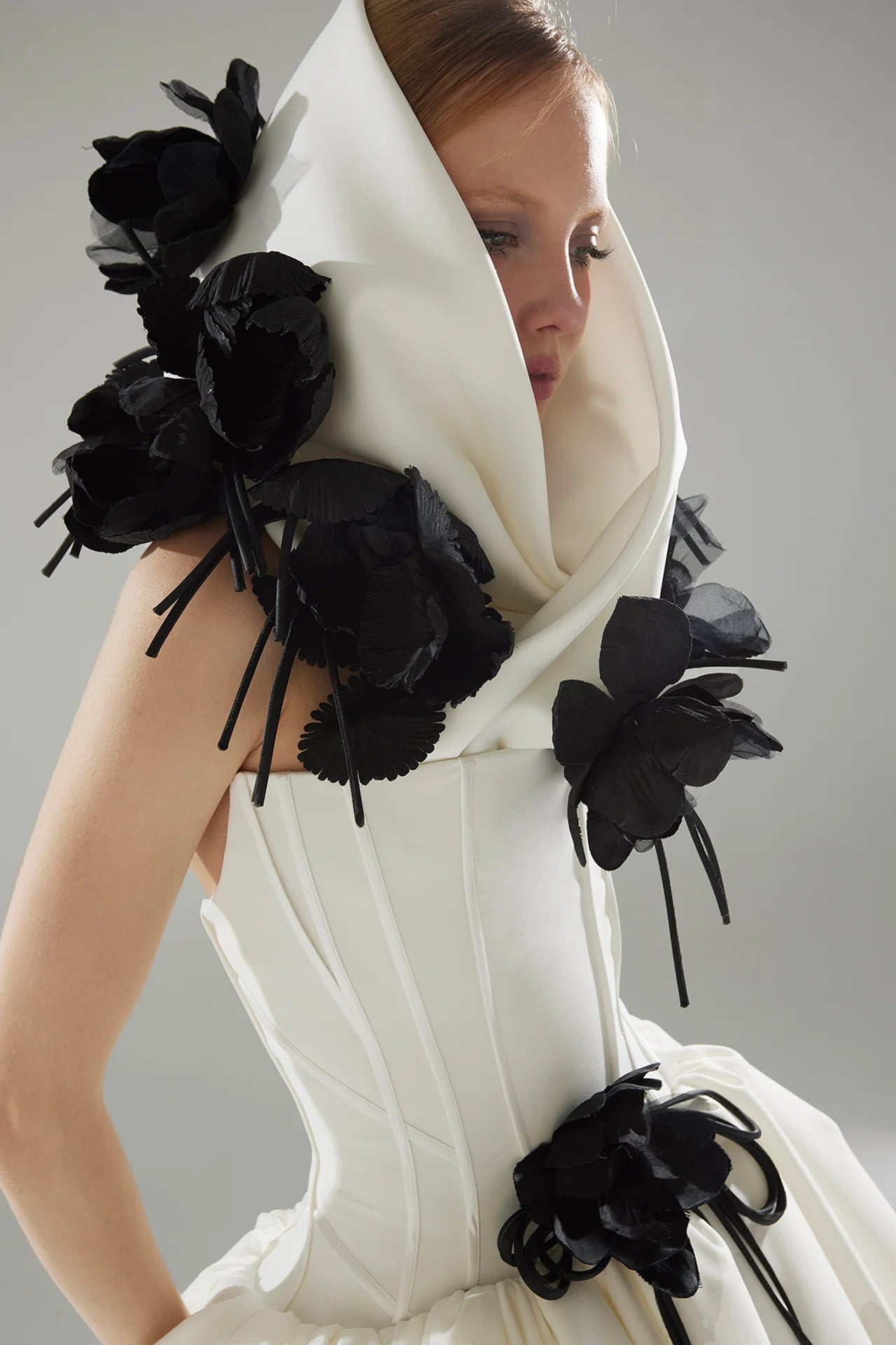 Strapless Bubble Gown with Floral Hood Accessory