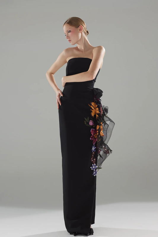 Strapless Floral Motif Column Gown