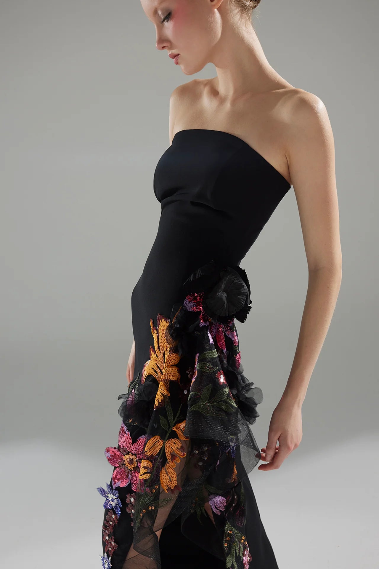 Strapless Floral Motif Column Gown