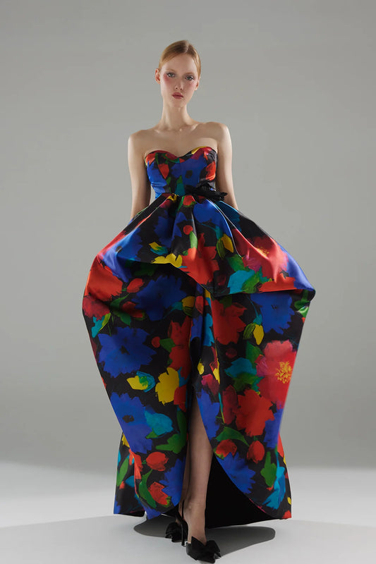 Sculptural Floral Print Mikado Gown