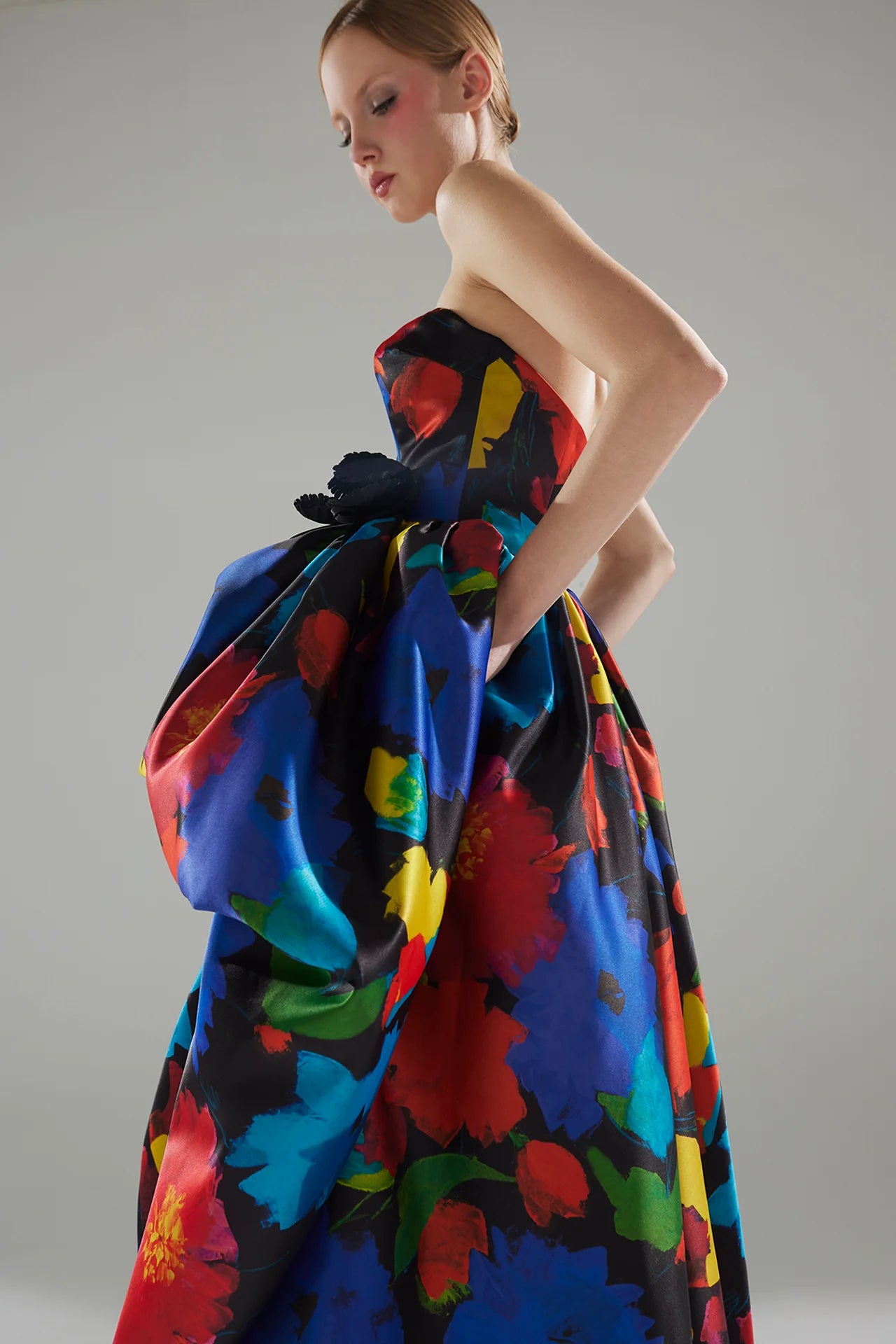 Sculptural Floral Print Mikado Gown
