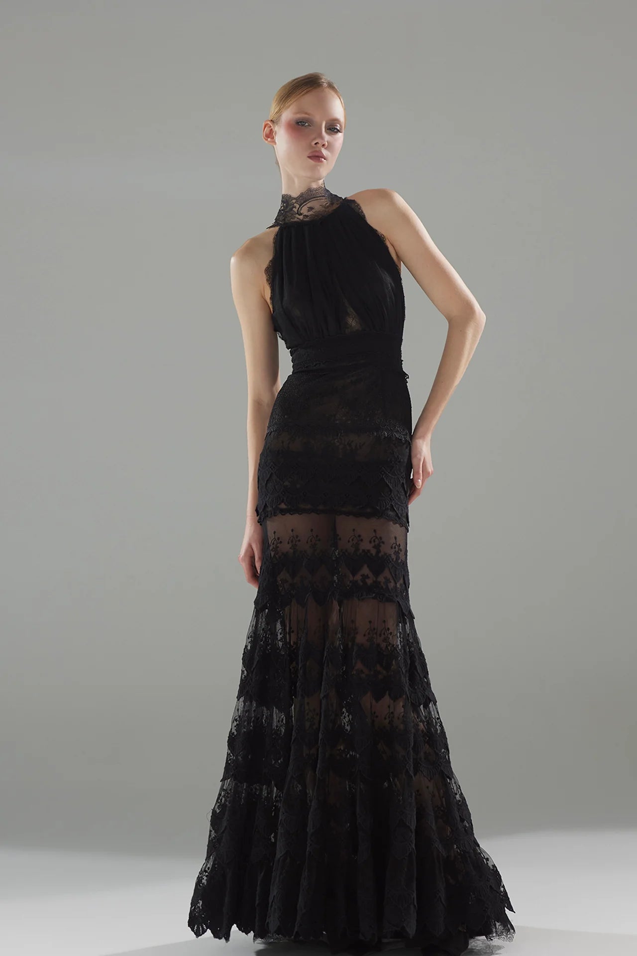 Chiffon and Lace Halter-Neck Gown