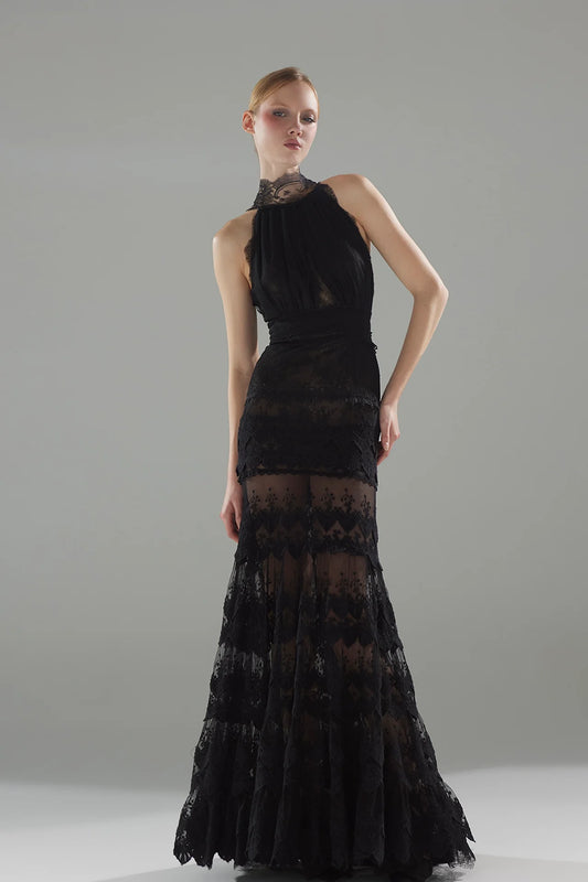 Chiffon and Lace Halter-Neck Gown