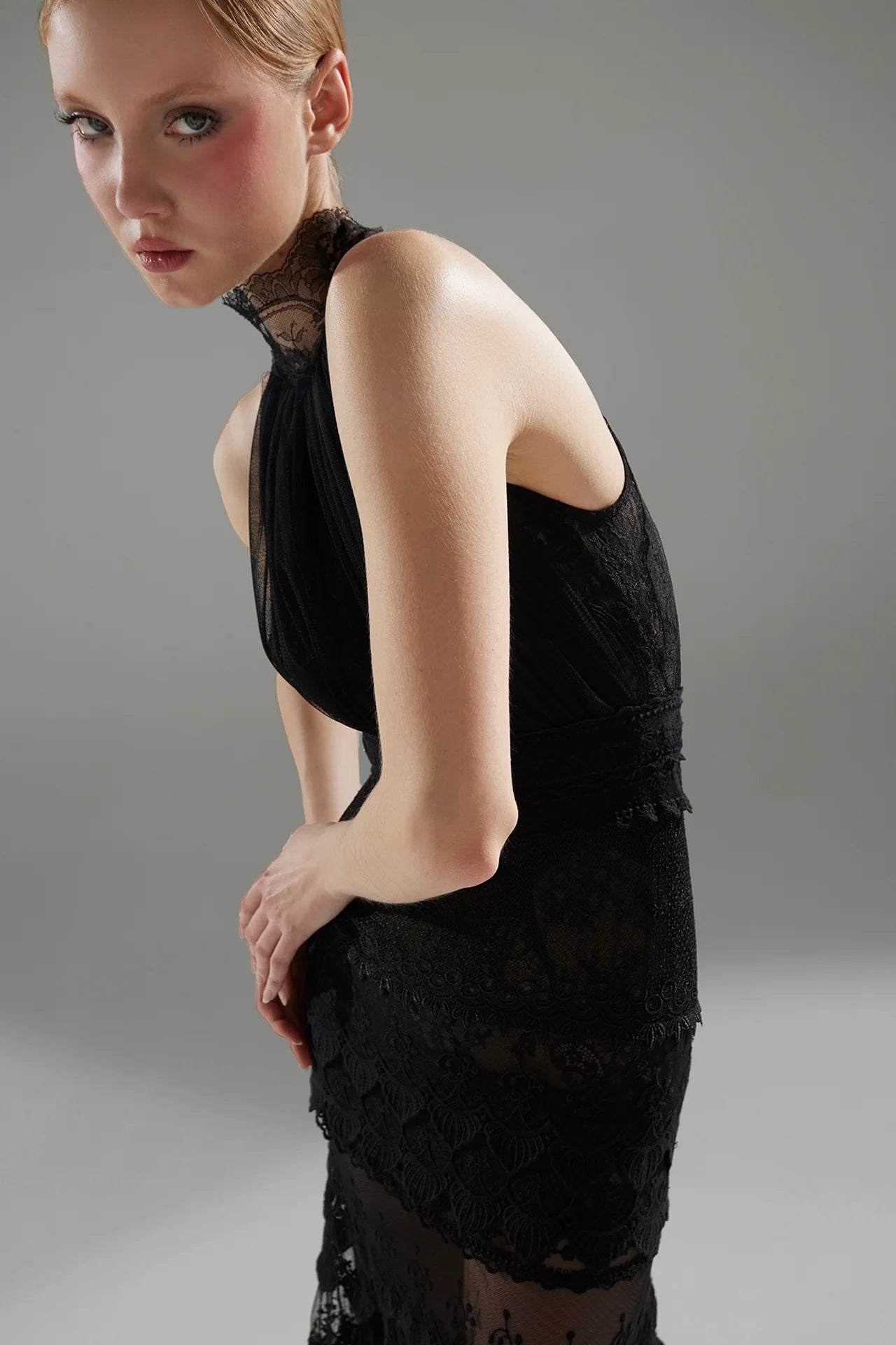Chiffon and Lace Halter-Neck Gown