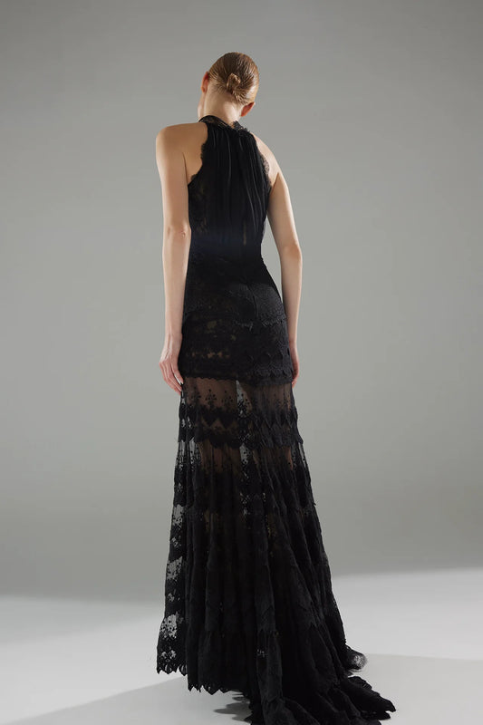 Chiffon and Lace Halter-Neck Gown