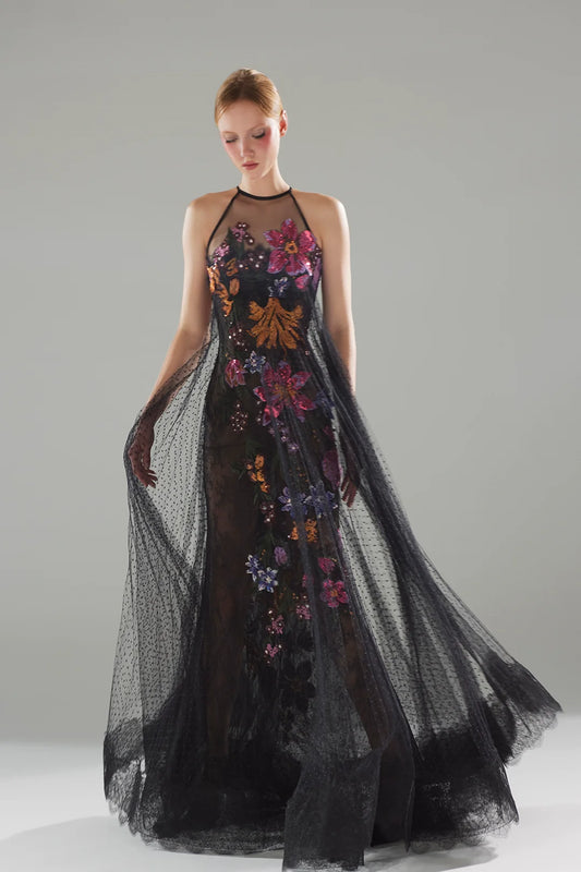 Sleeveless Floral Tulle Gown