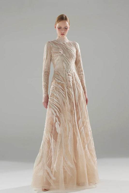 Long Sleeve Beaded Embroidery Gown