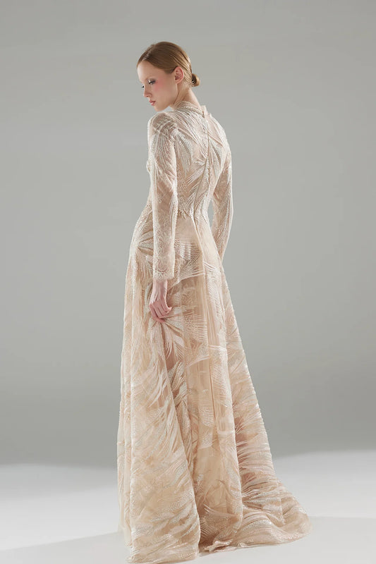Long Sleeve Beaded Embroidery Gown