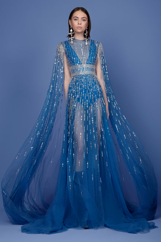 Beaded Tulle Illusion Gown with Shawl