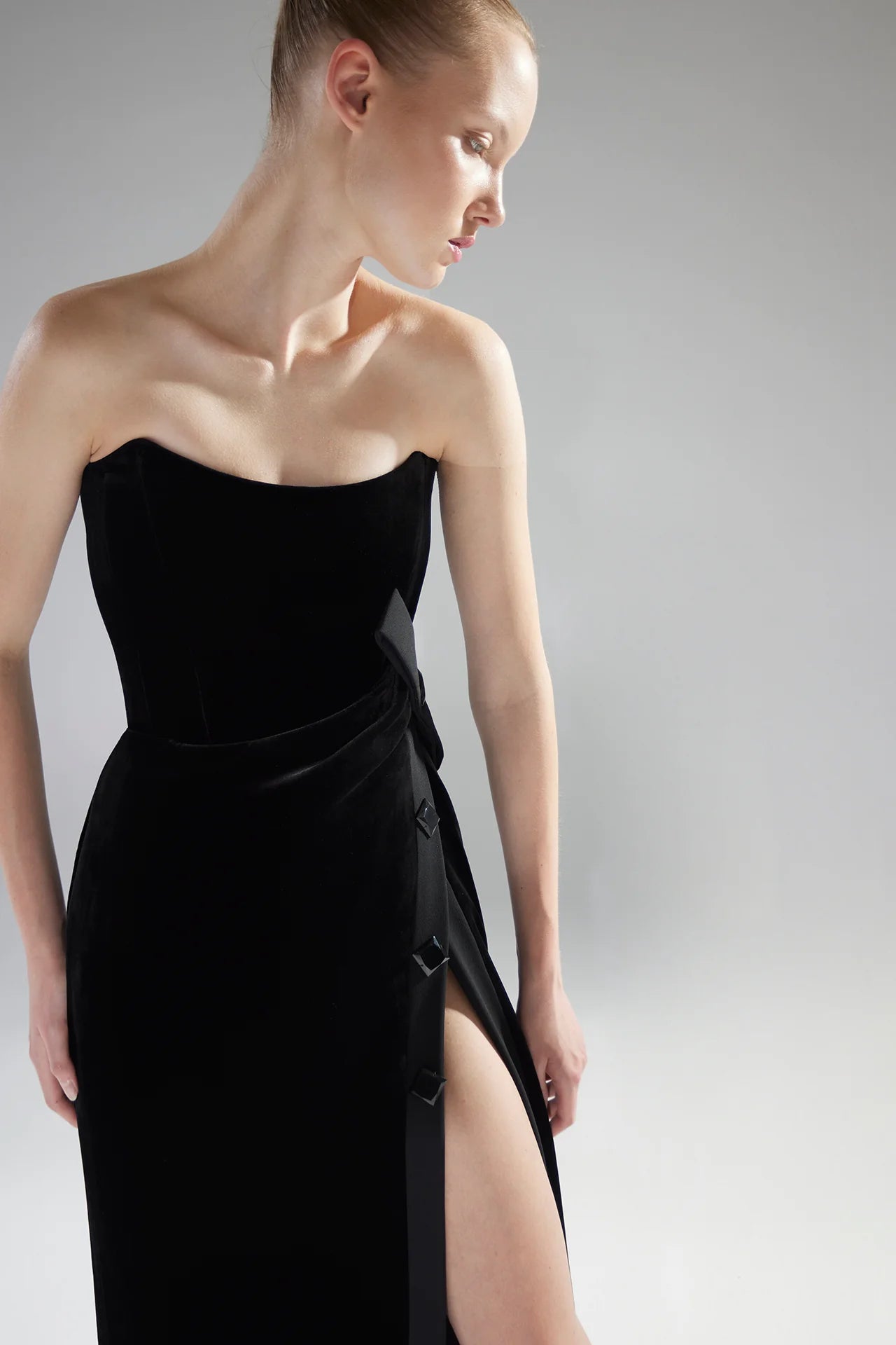 Strapless High-Slit Velvet Gown