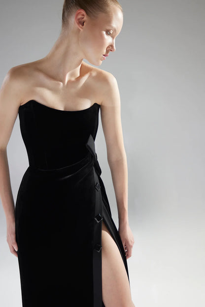 Strapless High-Slit Velvet Gown