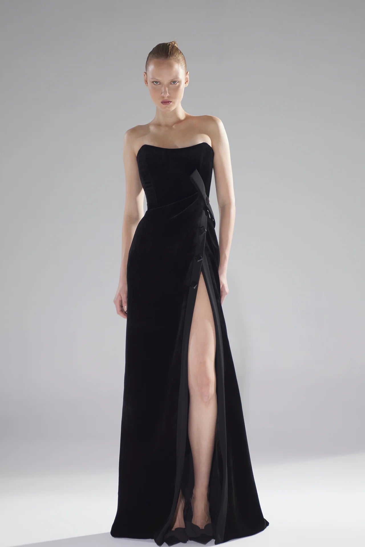 Strapless High-Slit Velvet Gown
