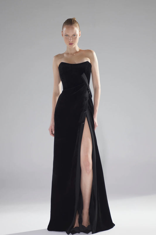 Strapless High-Slit Velvet Gown